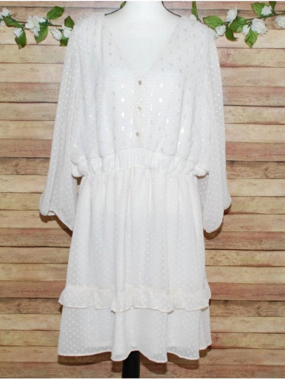 Maison Tara Swiss Dot Cream Dress Size 2X Lined Elastic Waist Long Sleeve V-Neck
